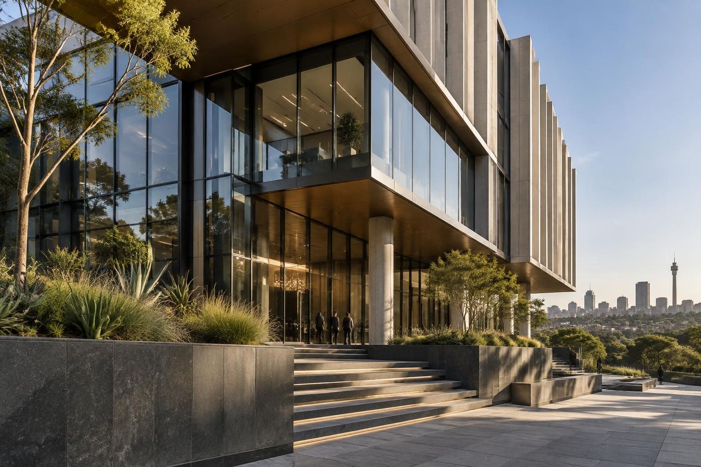 Contemporary commercial architecture overlooking Johannesburg